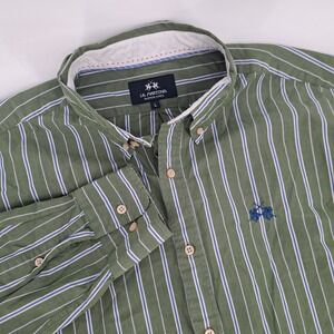 LA MARTINA Mens Green Blue Stripe Button Down Shirt Embroidered Logo Size L